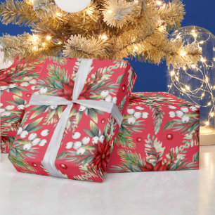 Papier Cadeau Noël Poinsettia Rouge Vert Classique Élégant