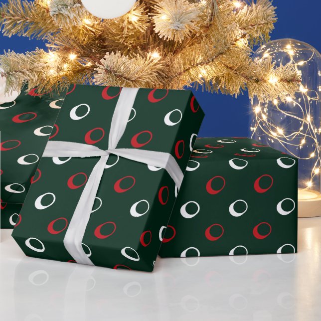 Papier Cadeau Noël pois blanc rouge vert foncé moderne (Vacances)