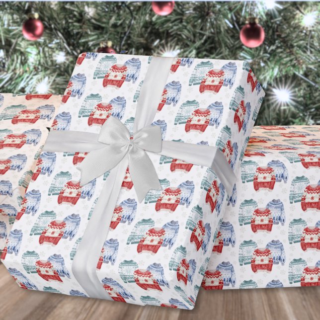 Papier Cadeau Noël Pull Moche Festif (Festive Ugly Sweater Pattern Christmas Wrapping Paper)