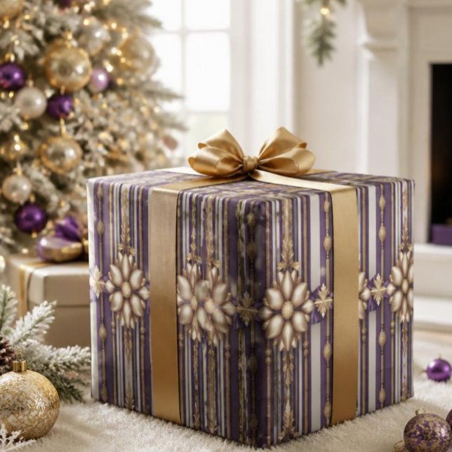Papier Cadeau Noël rayé violet et or de luxe (Créateur téléchargé)