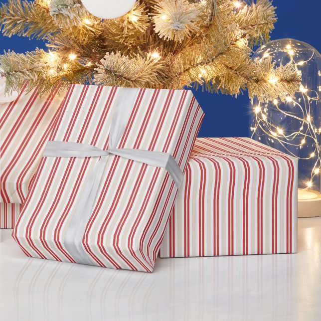 Papier Cadeau Noël rayures rouges crème (Vacances)