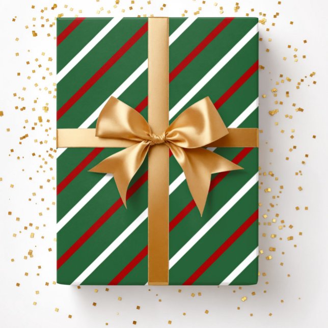 Papier Cadeau Noël Rayures Vertes Modernes  (Elegant Red Green Striped Pattern Christmas Wrapping Paper)
