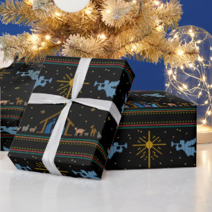 Papier Cadeau Noël religieux UCS de scène de nativité de Knit