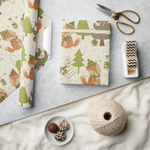 Papier Cadeau Noël Renards et arbres rustiques
