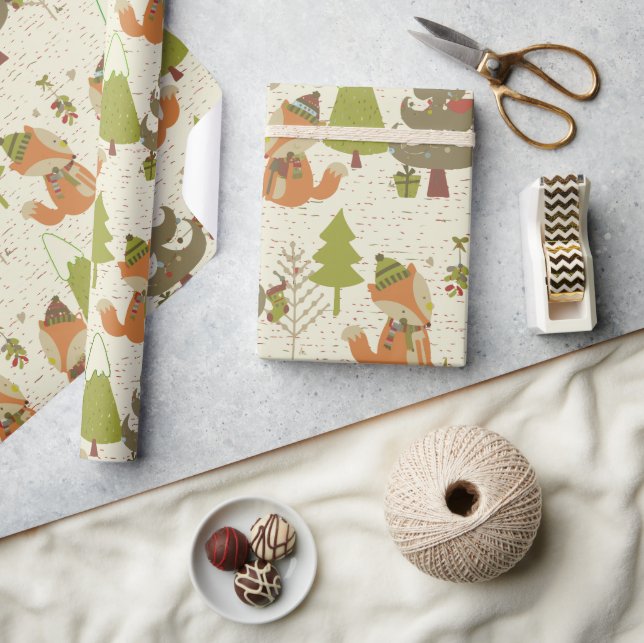 Papier Cadeau Noël Renards et arbres rustiques (Artisanat)