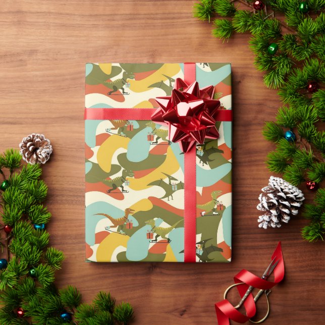 Papier Cadeau Noël Rétro Moderne de Milieu de Siècle Dinosaure (Cadeau de vacances)