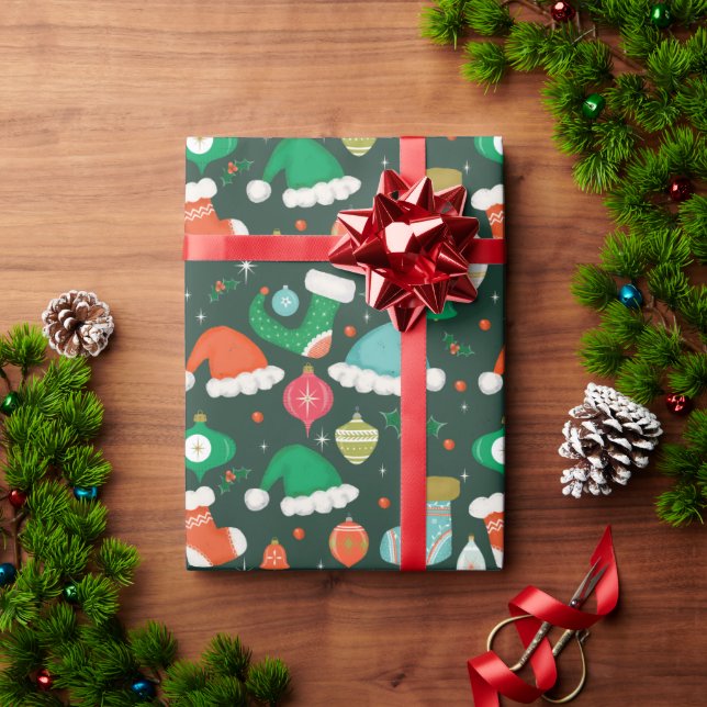 Papier Cadeau Noël Retro Ornements et Stockage Vert (Cadeau de vacances)