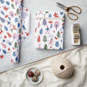 Papier Cadeau Noël Rétro Scandinave Ski