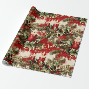 Papier Cadeau Noël Rétro Vintage : Bougies rouges & Holly