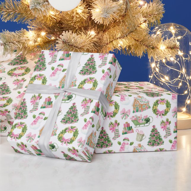 Papier Cadeau Noël rose et vert Preppy (Vacances)