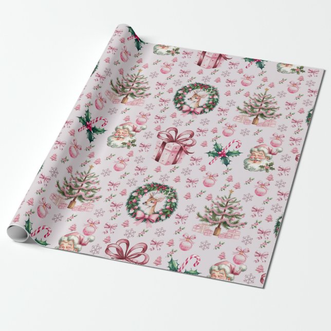 Papier Cadeau Noël rose rétro (Déroulé)