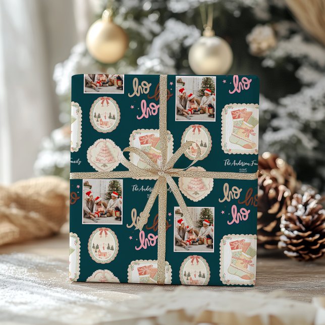Papier Cadeau Noël Rose Vert Rétro (Créateur téléchargé)