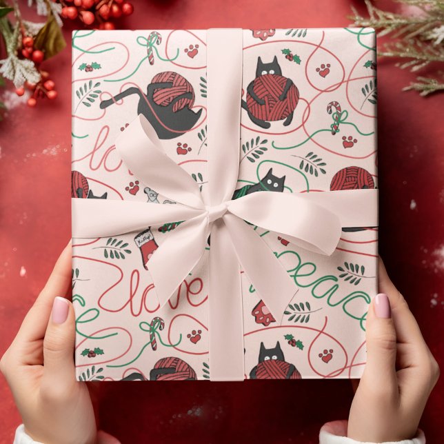 Papier Cadeau Noël rose vif Paix et amour Fils Kitties (Cute blush pink Christmas wrapping paper for Kitty Lovers. Kittens spell out PEACE and LOVE.)