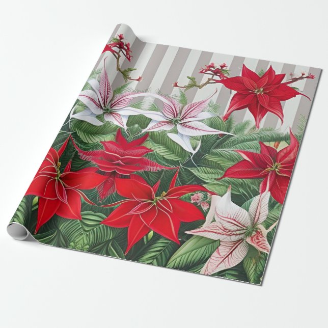 Papier Cadeau Noël Rouge Amaryllis et Poinsettias (Déroulé)