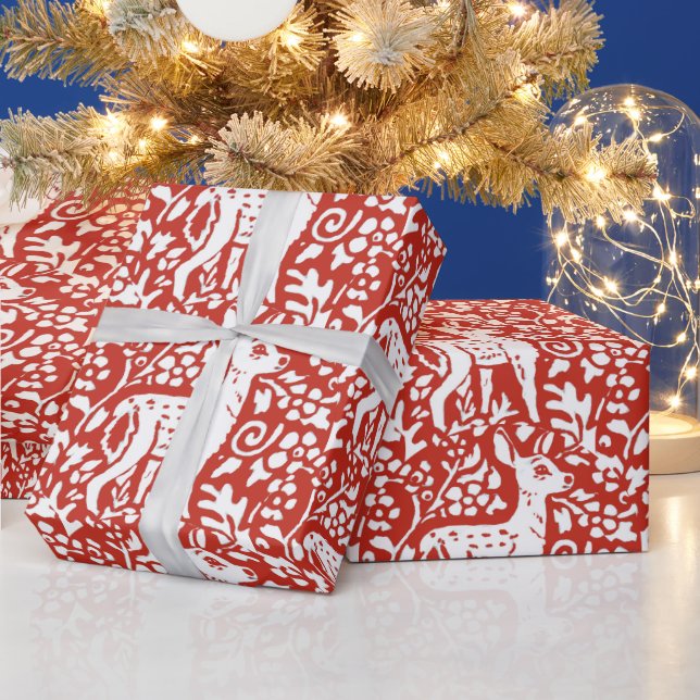 Papier Cadeau Noël Rouge Blanc rennes Foyer Bois hiver (Vacances)