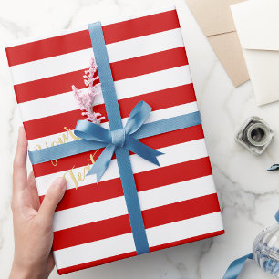 Papier Cadeau Noël Rouge Blanc Stripes Or Texte Noël