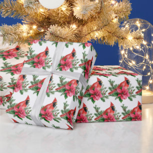 Papier Cadeau Noël Rouge Cardinal Oiseaux Pine Cônes Branche