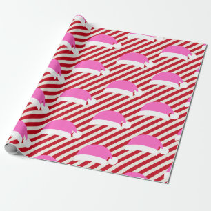 Papier Cadeau Noël rouge et blanc avec chapeau rose de Santa