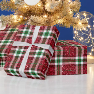 Papier Cadeau Noël rouge et vert Plaid Parties scintillant Noël