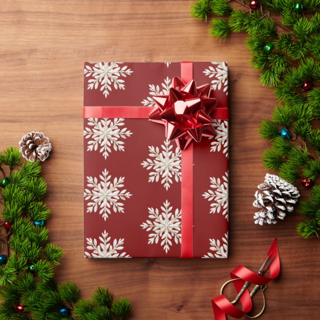 Papier Cadeau Noël rouge flocon de neige crème (Cadeau de vacances)