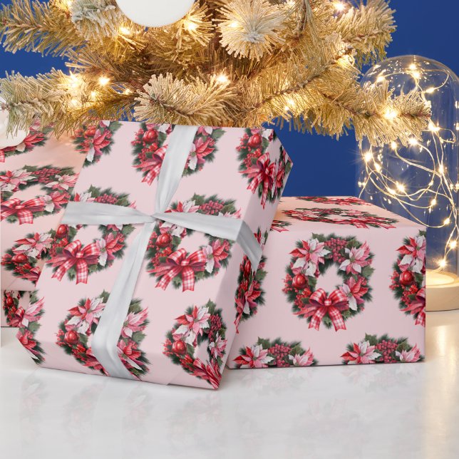 Papier Cadeau Noël Rouge Poinsettia et Berries Wreath rose (Vacances)