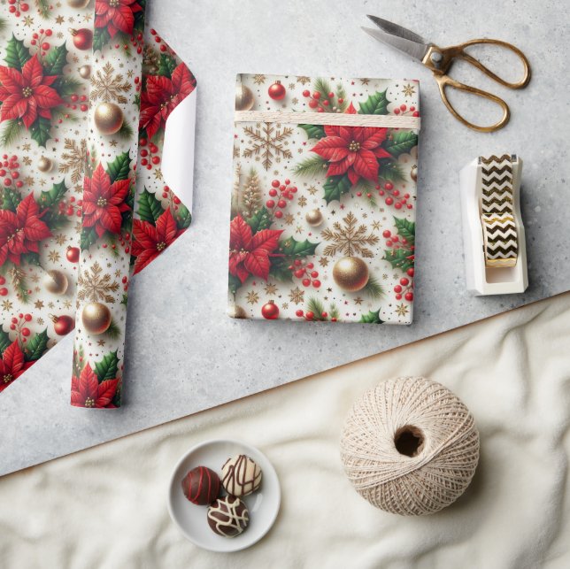 Papier Cadeau Noel Rouge Poinsettia Or Flocon de neige brillant (Artisanat)