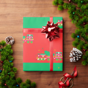 Papier Cadeau Noël ROUGE & VERT Avec Trains. Père Noël