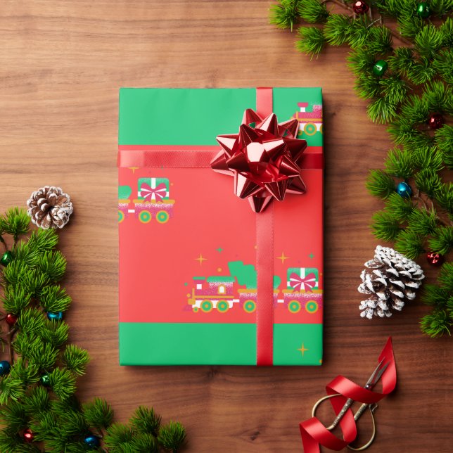 Papier Cadeau Noël ROUGE & VERT Avec Trains. Père Noël (Cadeau de vacances)