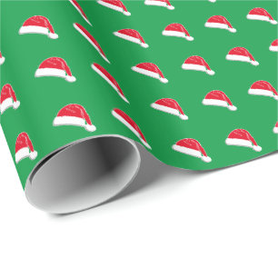 Papier Cadeau Noël rouge vert blanc santa chapeau motif mignon