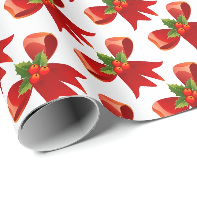 Papier Cadeau Noël Ruban Rouge Houx (Coin rond)