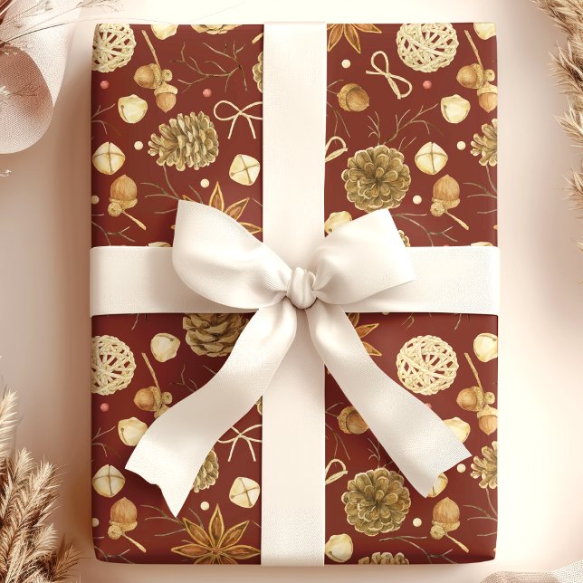 Papier Cadeau Noël rustique au cône de pin aquarelle (Créateur téléchargé)