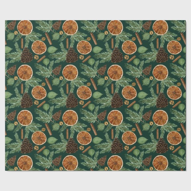 Papier Cadeau Noël rustique aux oranges séchées et au pin vert  (Couture)