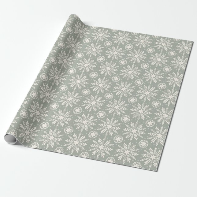 Papier Cadeau Noël Rustique Crème et Flocon de Neige Sauge (Déroulé)