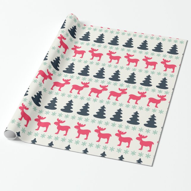 Papier Cadeau Noël rustique de campagne Vacances orignal et arbr (Déroulé)