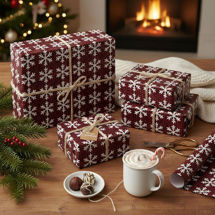 Papier Cadeau Noël rustique de flocon de neige rouge et noir
