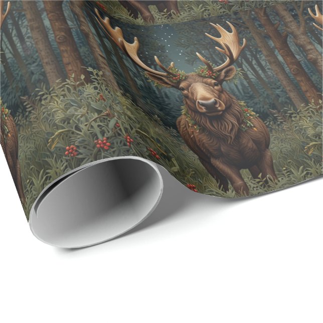 Papier Cadeau Noël rustique élan cerf boho forêt boisée  (Coin rond)