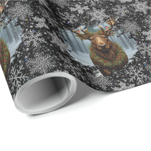 Papier Cadeau Noël rustique orignal forêt boisée hivernale neige