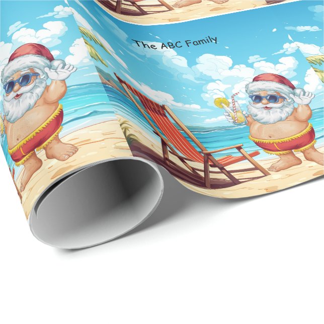 Papier Cadeau Noël SANTA CLAUS en juillet à la plage (Coin rond)
