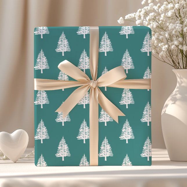 Papier Cadeau Noël Sapin Blanc et Bleu Turquoise (Créateur téléchargé)