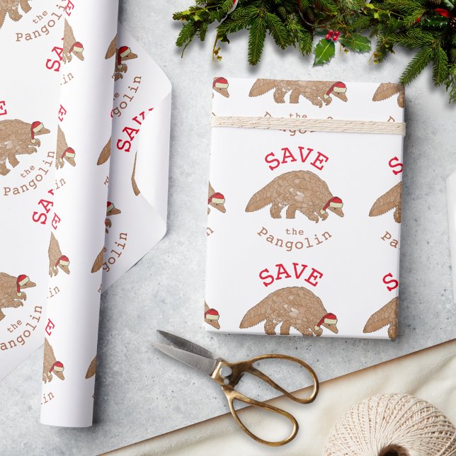 Papier Cadeau Noël Sauvez le Slogan Pangolin (Christmas pangolin wearing a Santa hat holiday wrapping paper with save the pangolin slogan)