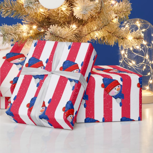 Papier Cadeau Noël Snowman On Stripes et Snowflakes (Vacances)