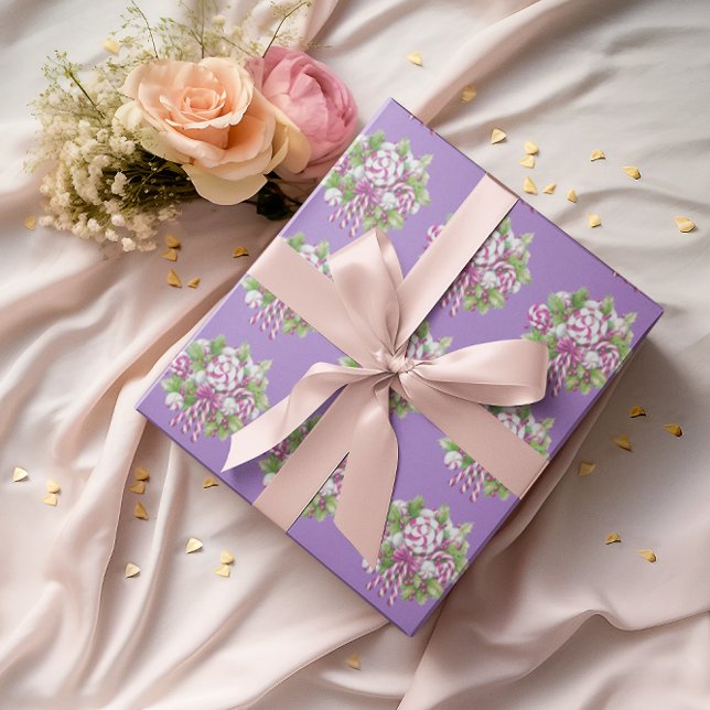 Papier Cadeau Noël sucre de canne violet et rose (Candy canes and greenery adorn this purple background gift wrap.)