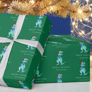 Papier Cadeau Noël T-Rex Dino Personnalisé Nom du garçon Vert