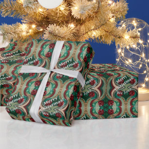 Papier Cadeau Noël Tons de Bijoux Émeraude, Rubis et Sauge