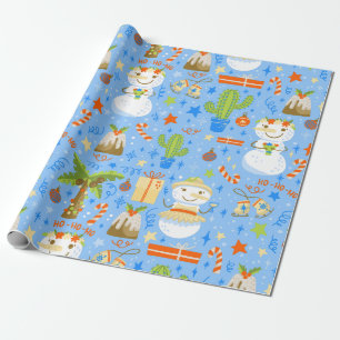 Papier Cadeau noël tropical juillet bonhomme de neige cactus vac