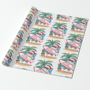 Papier Cadeau Noël Tropical Palm Tree Beach Surf Père Noël