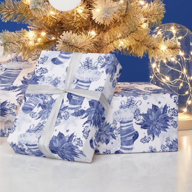 Papier Cadeau Noël Vacances Bleu Hiver Bas Poinsettia (Vacances)