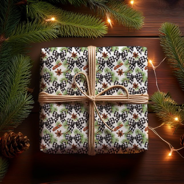 Papier Cadeau Noël Vacances Noir Blanc En vichy Vérifier Basses (Christmas Holiday Black White Gingham Checks Bows | Pine Evergreens and Star Anise Wrapping Paper)
