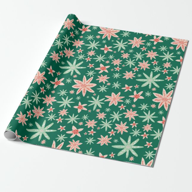 Papier Cadeau Noël vert de motif de poinsettia (Déroulé)