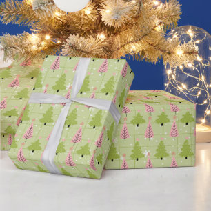 Papier Cadeau Noël vert et blanc cassé Arbres de Noël rose